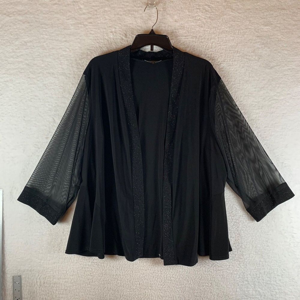 R&M Richards Womens 3/4 Mesh Sleeve Shimmer Trim Open Front Cardigan Black 2X